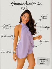 Elegant Women's One-Piece Jumpsuit With Neck Tie, Open Back, Duna Fabric, Summer Fashion Romper - Tử đinh hương - Xem 3