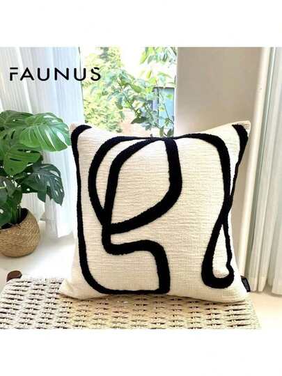 1 件条纹雪尼尔面料刺绣装饰枕套，北欧风格简约装饰，适用于卧室、客厅、沙发、户外、节日（无填充物）