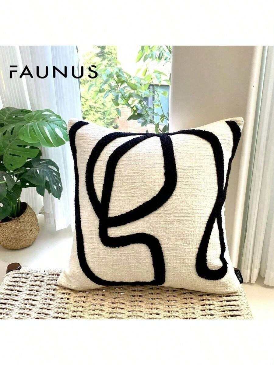 FAUNUS 1 件条纹雪尼尔面料刺绣抱枕套，北欧风格简约大气装饰，适用于卧室、客厅、沙发、户外、节日（无填充物） - 飄帶-黑 - 查看 1
