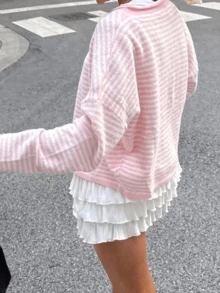 Womens Striped Cardigan Sweater Casual Crew Neck Open Front Button Down Long Sleeve Knit Sweaters Fall Outerwear - Pink - View 2