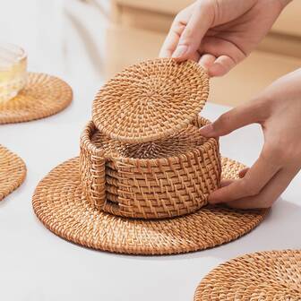 1 Set Japanese Style Woven Cup Coasters, Suitable For Tea Cups, Teapots, Water Glasses, Anti-Slip & Heat Insulation, Creative Desktop Decor Placemats, Tea Set Accessories