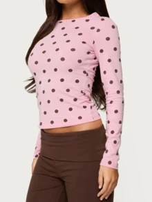 Polka Dot Tops For Women Y2K Long Sleeve Crop Top Ladybug Costume Vintage Cute Slim Fit Crew Neck Shirt Going Out Streetwear - 粉色 - 查看 2