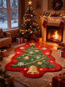 1pc Christmas Tree Shaped Carpet, Red Background With Green Christmas Tree, Decorated With Golden Bells, Colorful Balls, Snowflakes, Shiny Golden Star On Top, Festive Christmas Atmosphere, Holiday Ritual Faux Wool Carpet - Multicolor - View 1