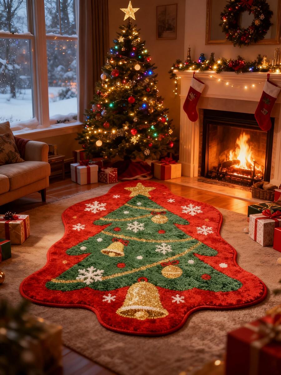 1pc Christmas Tree Shaped Carpet, Red Background With Green Christmas Tree, Decorated With Golden Bells, Colorful Balls, Snowflakes, Shiny Golden Star On Top, Festive Christmas Atmosphere, Holiday Ritual Faux Wool Carpet - Multicolor - View 1