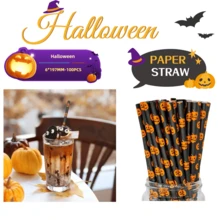 100 قطعة/عبوة قش ورقي أسود بنمط رسم اليقطين والجمجمة البرتقالي - مناسب للهالوين وأعياد الميلاد وديكورات عملية، ديكور هالوين مع اليقطين والأشباح. ديكور الحفلات - الأسود - مشاهدة 1