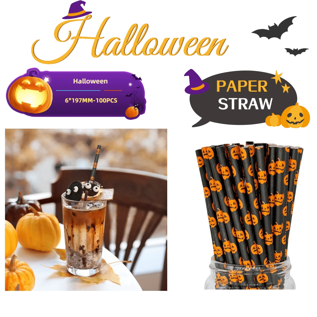 100 قطعة/عبوة قش ورقي أسود بنمط رسم اليقطين والجمجمة البرتقالي - مناسب للهالوين وأعياد الميلاد وديكورات عملية، ديكور هالوين مع اليقطين والأشباح. ديكور الحفلات - الأسود - مشاهدة 1