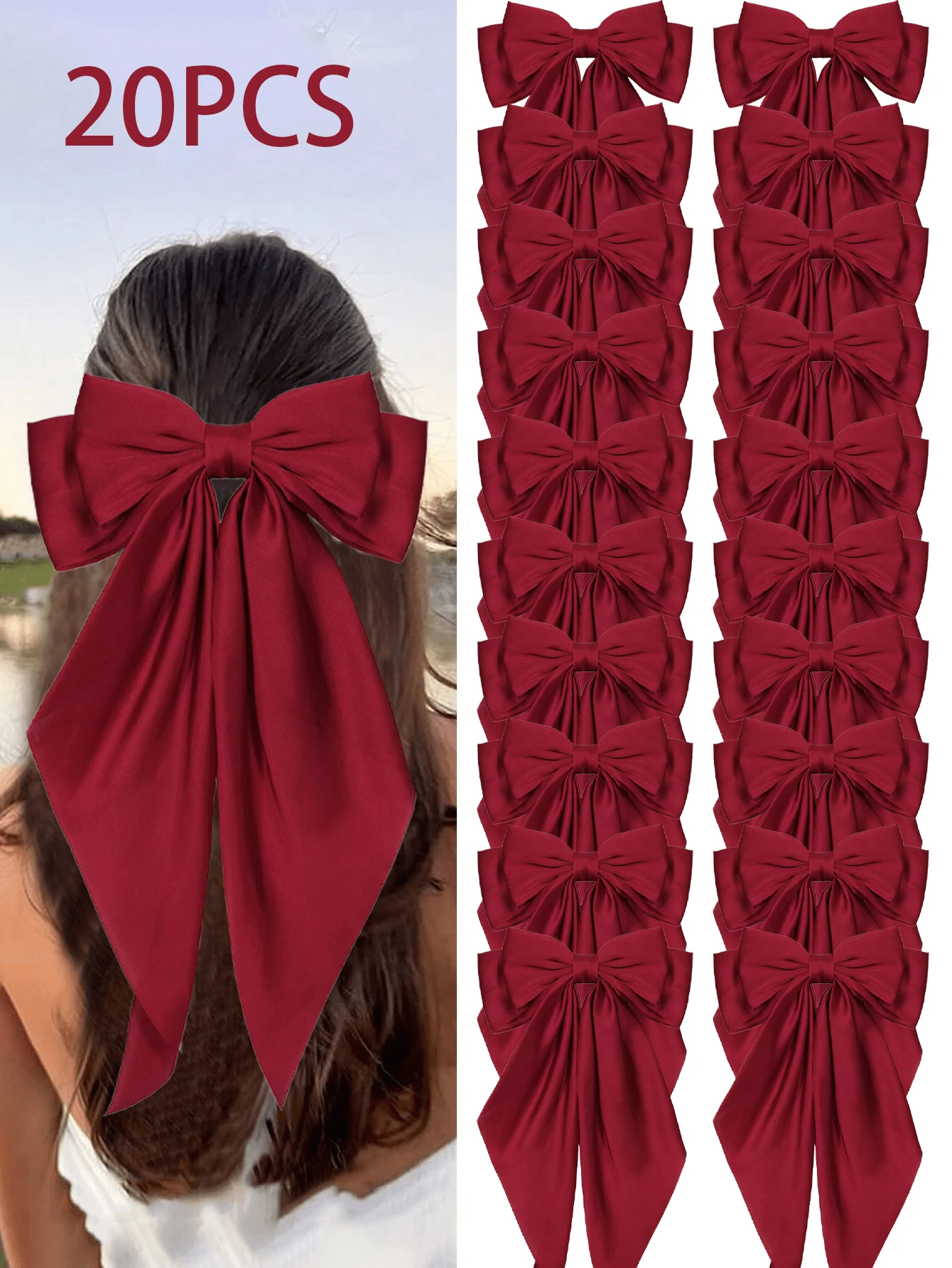 Bộ 1/5/10/20 chiếc kẹp tóc nơ cỡ lớn, màu đỏ tía, phụ kiện tóc thời trang dễ thương và thanh lịch, phù hợp cho sử dụng hàng ngày, các buổi tụ họp, quà tặng Giáng sinh. - Màu Đỏ Sâu - Xem 1