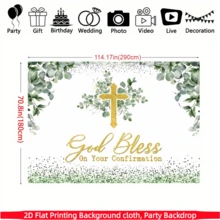 Banner de fundo religioso plano 2D com cruz - Feito de tecido de poliéster, decorado com cruz dourada, folhas de eucalipto verde e a frase "Deus abençoe sua confirmação", adequado para celebrações de confirmação cristã, eventos religiosos, decoração interna/externa e fundo para fotos. - Multicolorido - Ver 8