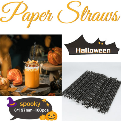 100pcs/Pack Disposable Halloween Paper Straws With Black Spooky- Pattern Design -6*197mm | For Halloween Party Supplies And Birthday Decorations