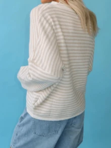 Womens Striped Cardigan Sweater Casual Crew Neck Open Front Button Down Long Sleeve Knit Sweaters Fall Outerwear - 淺黃色 - 查看 6