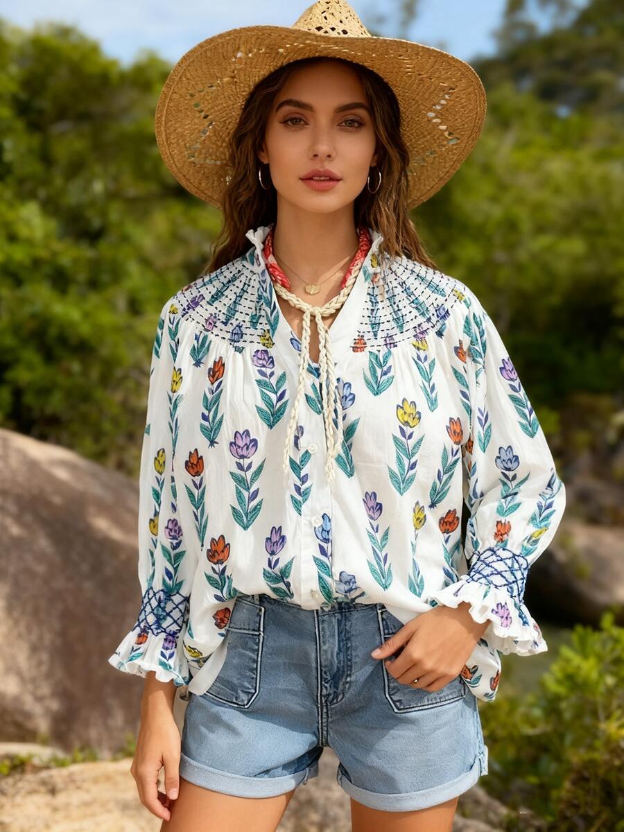 1pcs Floral Print Long-Sleeved Women's Shirt Top With Buttons, Ruffled Stand-Up Collar, Ruffled Shoulders And Cuffs, Machine Washable Fabric, Suitable For Autumn And Winter