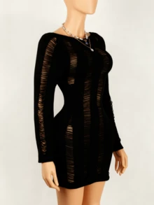 Sexy Hollow Out Backless Bodycon Mini Dress, Nightclub Outfit For Women, Long Sleeve Knit Skirt, Summer - Black - View 2