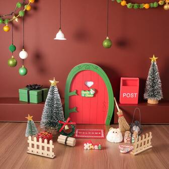 19件套圣诞节娃娃屋装饰微型圣诞场景树精灵屋门花环邮箱圣诞礼物模型装饰19件套DIY套装