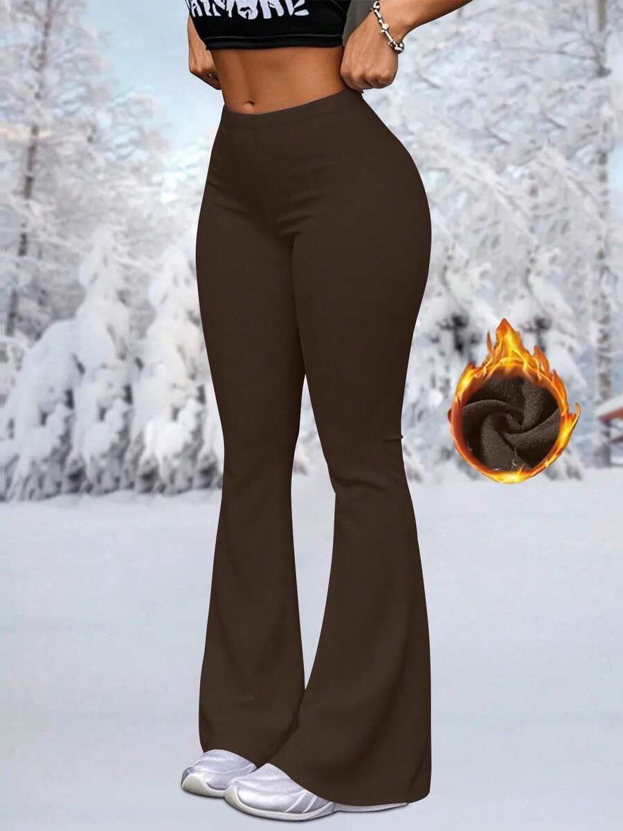 Plus Size Women High Waist Solid Color Winter Warm Flare Pants, Sports Yoga Leggings, Compression Tight Pants For Running Fitness, Women Leggings, Women Clothing - Brown - View 1