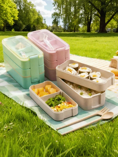 2/3层大容量便当盒带餐具，防漏锁扣设计，适合学生、上班族、沙拉和微波炉