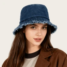 Sombrero de cubo de mezclilla desgastado de unicolor retro para mujer, versátil y favorecedor para el rostro, adecuado para salidas y uso diario, otoño
