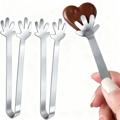 4/6PCS Cute Palm Shaped Sugar Cube Tong, Hand Shaped Mini Serving Tong, 12.5cm(4.9inch) Small Ice Cube Tong, 430 Stainless Steel Tiny Food Tong For Appetizer/Snack/Cheese/Charcuterie, Christmas/Thanksgiving/Wedding/Party Accessories, Dessert Desk Decoration