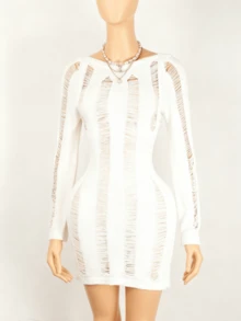 Sexy Hollow Out Backless Bodycon Mini Dress, Nightclub Outfit For Women, Long Sleeve Knit Skirt, Summer - White - View 3