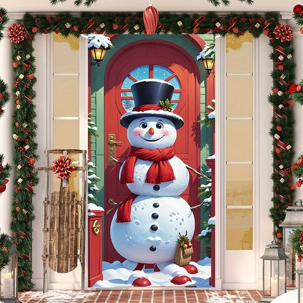 1pc Christmas Snowman Door Cover Decoration, High Elasticity Nylon, 88.9x200.66 Cm, Easy Install & Remove, Stain Resistant, Multipurpose Festive Home Decor, With No Electricity Needed For Christmas, Halloween, Winter, Entryway