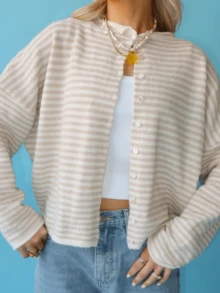 Womens Striped Cardigan Sweater Casual Crew Neck Open Front Button Down Long Sleeve Knit Sweaters Fall Outerwear - 淺黃色 - 查看 5