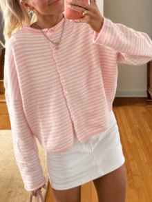 Womens Striped Cardigan Sweater Casual Crew Neck Open Front Button Down Long Sleeve Knit Sweaters Fall Outerwear - Pink - View 7