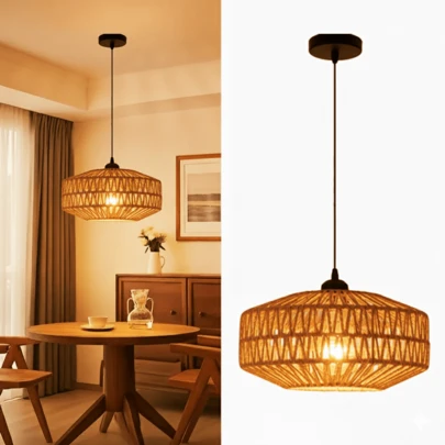 1盏波西米亚风格吊灯，E27灯座，手工编织布灯罩，乡村风格厨房岛台悬挂装饰，吸顶灯，农舍风格照明，不含灯泡