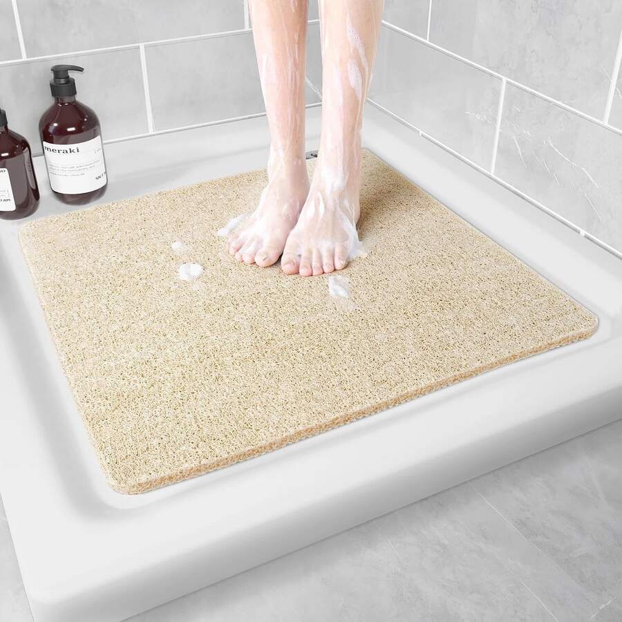 1pc Thicken Simple Solid Color Bathroom Mat With Rubber Backing For Shower Room Bathroom Toilet Rug With Hollow Circle Design, Room Decor