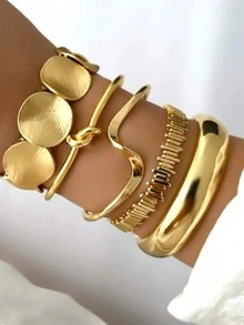 Set de 5 piezas/1 set de pulseras tipo brazalete abiertas con diseños geométricos, florales y retorcidos en estilo bohemio elegante y vintage, adecuadas para uso diario, fiestas y vacaciones, una opción de regalo perfecta para mujeres - Dorado - Ver 4