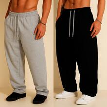 Kit Of 2 Widy Baggy Sweatpants, Straight Leg, Wide Leg, Flannel Lining With Pockets - Special Offer - New Arrival - 灰色/黑色 - 查看 5