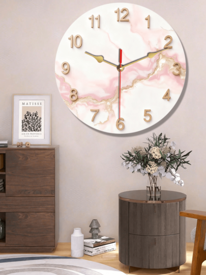 Pc 10 Inch/12 Inch 2D Flat Roze Marble Texture Pattern Silent Klok Wooden Theme Wand Clock, Living Room, Bedroom, Kitchen ation, Home Abstract Art Battery Powered (AA Batteries Not Included), view 4