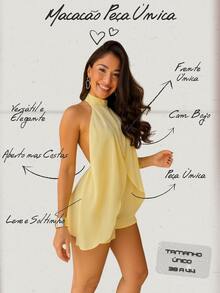 Macacao Elegante Feminino Peça Unica Com Amarração no Pescoço Costa Aberta a Tecido Duna Macaquinho Moda Verão - Amarelo - Visão 3