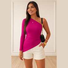 Women's Asymmetrical Blouse, Elegant One Shoulder, Long Sleeve, Premium Ribbed - 玫紅色 - 查看 3