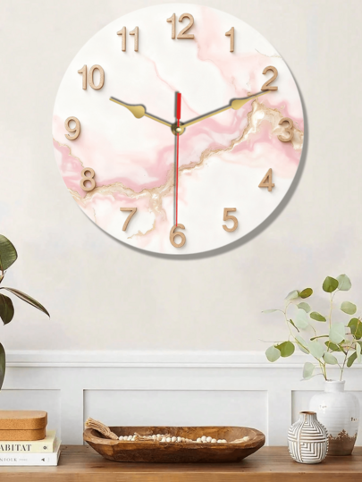 Pc 10 Inch/12 Inch 2D Flat Roze Marble Texture Pattern Silent Klok Wooden Theme Wand Clock, Living Room, Bedroom, Kitchen ation, Home Abstract Art Battery Powered (AA Batteries Not Included), view 3