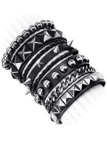 Yanxyad 4pcs Wide PU Leather Skull Pentagram Bracelets Set - Handmade Multi-Layers Studded Leather, Skull Beaded Wristbands, Ideal Jewelry Gifts For Men And Teen Boys, Perfect For Punk Rock Fans