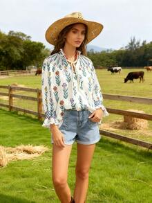 1pcs Floral Print Long-Sleeved Women's Shirt Top With Buttons, Ruffled Stand-Up Collar, Ruffled Shoulders And Cuffs, Machine Washable Fabric, Suitable For Autumn And Winter