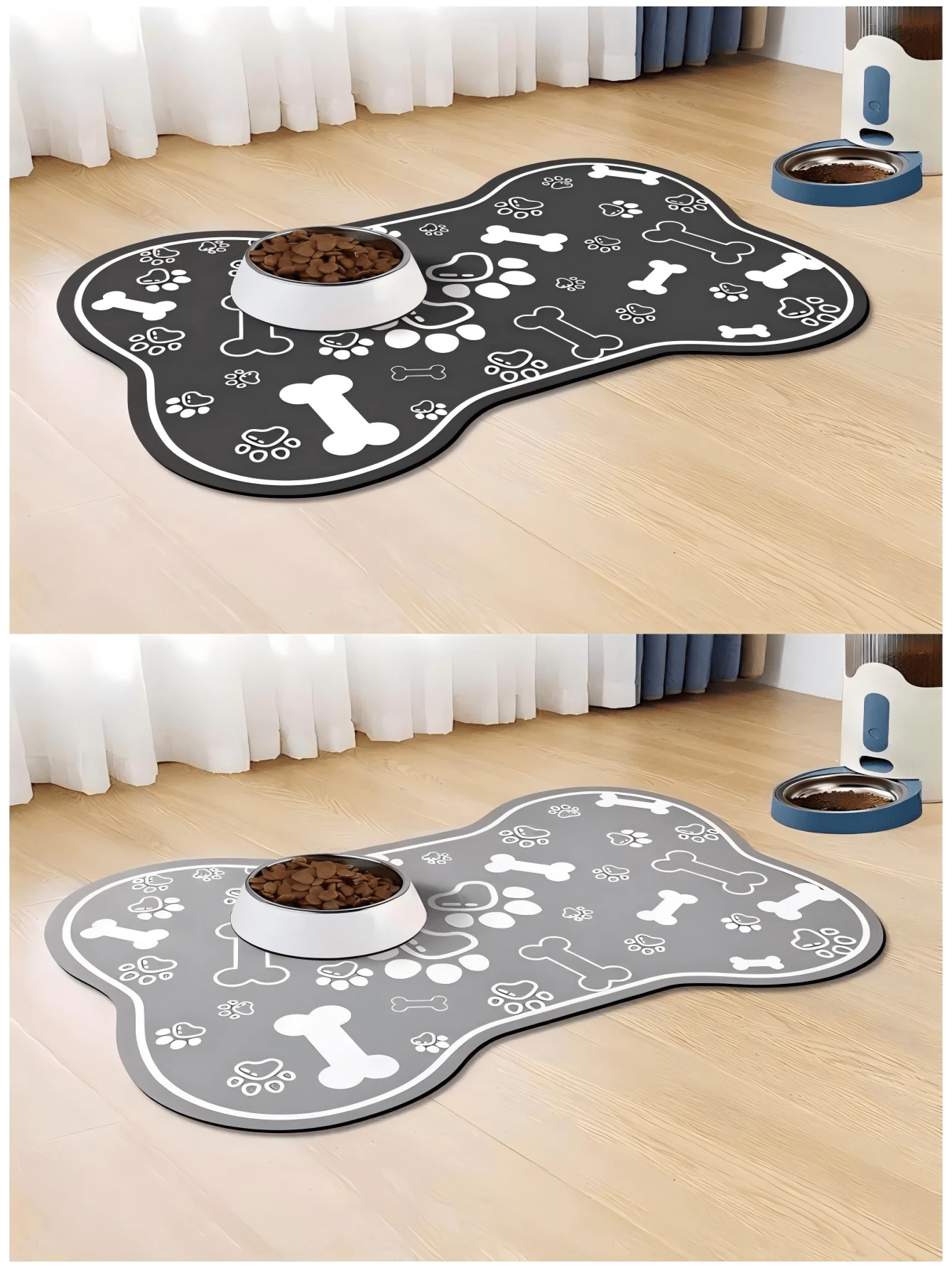 1 Piece Diatomaceous Earth Dog/Cat Bowl Mat, Pet Lover's Quick Drying Waterproof Absorbent Easy To Clean, Suitable For Dog And Cat Lovers, Herringbone And Paw Print Pattern, Black, Washable - Multicolor - View 1