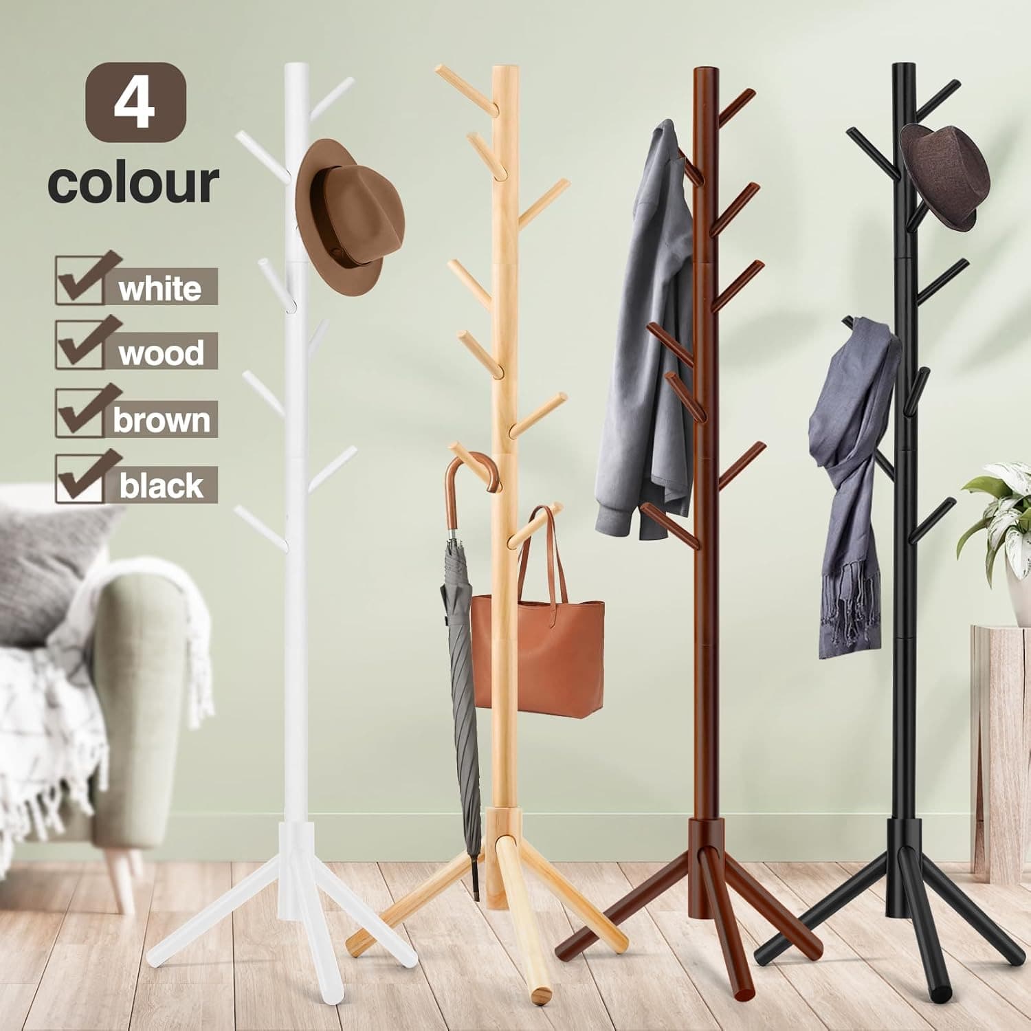 This Fashionable Wooden Coat Rack Comes In 4 Elegant Color Options, Equipped With 8 Hooks And 3 Multi-Functional Adjustable Hangers. The Design Is Exquisite And Easy To Assemble. It Is Very Suitable For Storing Coats, Hats, Scarves And Handbags In The Entryway, Hallway, Bedroom And Office. This Practical And Stylish Storage Solution Can Add Luster To Your Home Decor, Making It An Ideal Choice For The Upcoming Holiday Season And Various Gatherings. - Multicolor - View 1