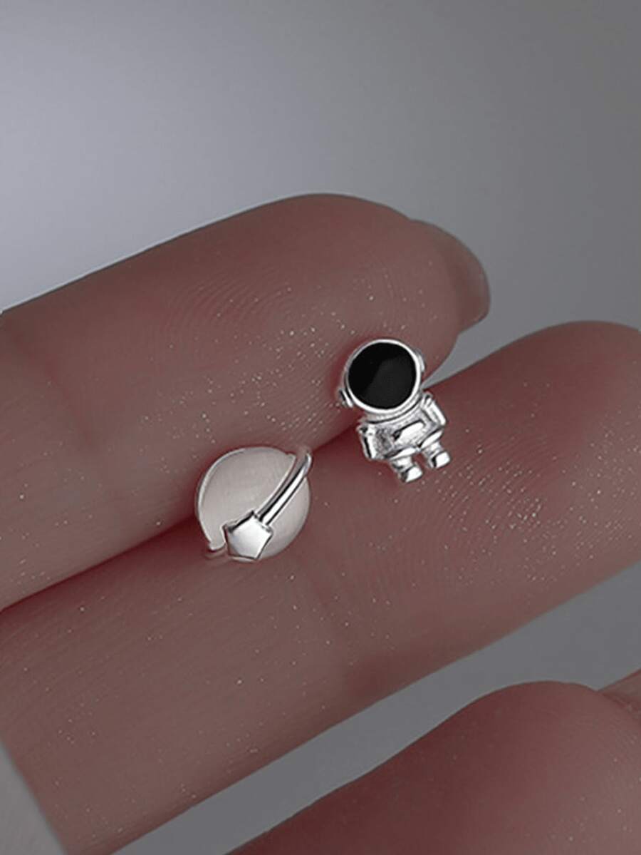 1對時尚銅宇航員裝飾耳釘適合女士日常裝飾 - 銀色 - 查看 1