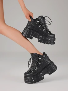 Women's Y2K Goth Punk Boots Platform Biker Boots Lace Up Motorcycle Ankle Boots Black Metal Halloween Party Wear - 黑色 - 查看 3