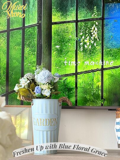 <Freshen Up With Blue Floral Grace>, 1PC Medium Size Rustic Vintage Iron Tin Vase Basket | Simulated Flower Arrangement Container With Rope Handles | Metal Farmhouse Decor For Home, Garden, Country Wedding, Party & Spring Festival