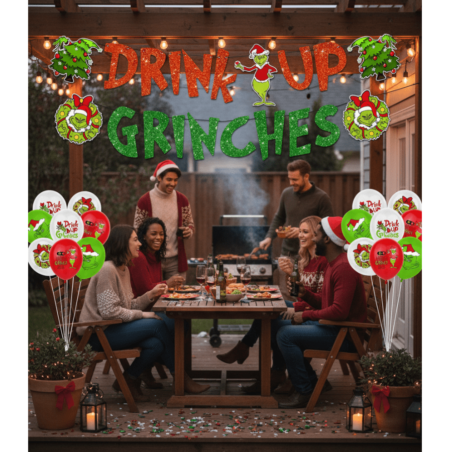 17/16/1pc Complete Party Solution: "DRINK UP GRINCHES" Banner & Assorted Balloons – All-In-One Pack For Easy Setup, Themed Decor & Festive Atmosphere Creation.