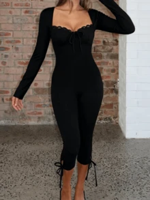 Bộ jumpsuit dài tay màu đen viền ren dành cho nữ, thích hợp cho ngày Valentine, mùa xuân, mặc thường ngày, kiểu dáng ôm sát. - màu đen - Xem 15