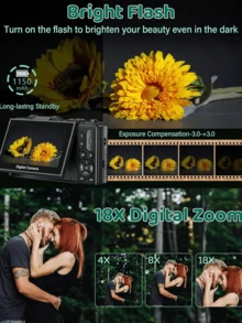 [Paquete de 2 baterías] Cámara digital 5K UHD y 75MP - Cámara para vlogging con WiFi, zoom 18X, pantalla de 3" giratoria 180°, enfoque automático y antivibración, cámara compacta de viaje para transmisión en vivo, tarjeta SD de 32GB, batería de 1150mAh, fotografía para principiantes, ajustes personalizables, regalo para Navidad, Halloween, Acción de Gracias, cumpleaños