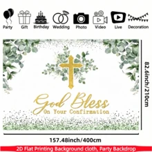 Banner de fundo religioso plano 2D com cruz - Feito de tecido de poliéster, decorado com cruz dourada, folhas de eucalipto verde e a frase "Deus abençoe sua confirmação", adequado para celebrações de confirmação cristã, eventos religiosos, decoração interna/externa e fundo para fotos. - Multicolorido - Ver 11