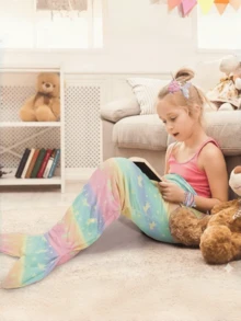 美人鱼尾巴毛毯，毛绒夜光毛毯，适合幼儿穿着，彩色独角兽图案，50厘米 x 100厘米，送给女孩的最佳礼物，适合圣诞节礼物 - 彩色 - 查看 4