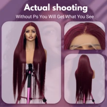 Tóc giả ren phía trước 13*4, #BUG #99J, Tóc giả thẳng nguyên chất Brazil mật độ 200%, Đường chân tóc đã được tỉa sẵn, Phù hợp cho nữ, Đường chân tóc tự nhiên 24 inch, Nhiều lựa chọn tạo kiểu, Có thể sử dụng hàng ngày, Kiểu dáng đa năng - SBUG - Xem 3