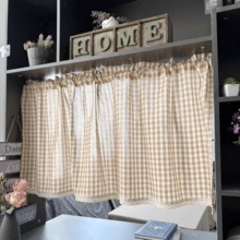 1pc Light Brown Plaid Short Curtain, Retro Japanese Style Window Curtain, Half-Shading Cabinet Curtain, Bathroom Small Window Curtain - Multicolor - View 8