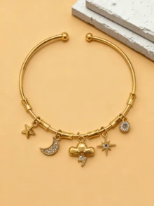 1 pezzo Bracciale regolabile in rame placcato oro 18K, stile bohémien con pendenti a forma di stella, luna, occhio del diavolo, nappina, orso, gioielli punk goth, adatOgnissantilloween, Ringraziamento, feste invernali, ottimo regalo per adolescenti e accessori gioielleria da donna