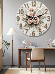 1 Pc 10 Inch/12 Inch Round Wall Clock, 2D Style, Decorated With Pink Roses And Angel Wings, Silent And Non-Tick-Tick, Suitable For Home Decoration And Gift Giving, Requires AA Batteries (Batteries Not Included)