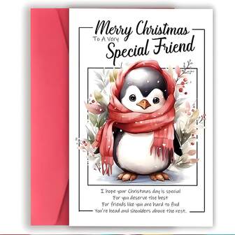 1 张可爱企鹅圣诞贺卡“祝特别的朋友圣诞快乐”信息，围巾设计的优雅企鹅 - 适合朋友、家人、同事的高品质纸质节日贺卡 - 生日、周年纪念日、感谢信的完美圣诞礼物 - 无需电池、节日文具、卡通风格、优质卡片纸、感伤纪念品、家庭礼物